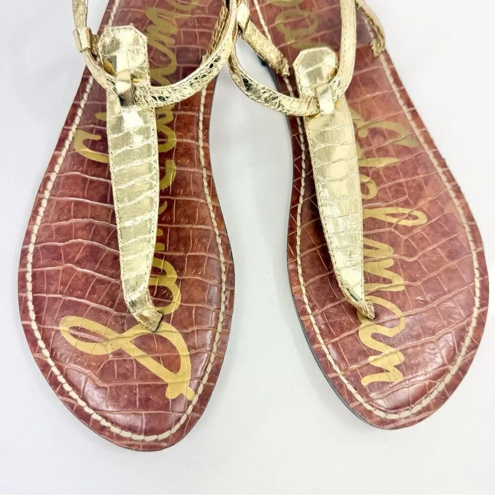 Sam Edelman GIGI Gold Metallic Reptile Embossed Leather T Strap Thong Sandals